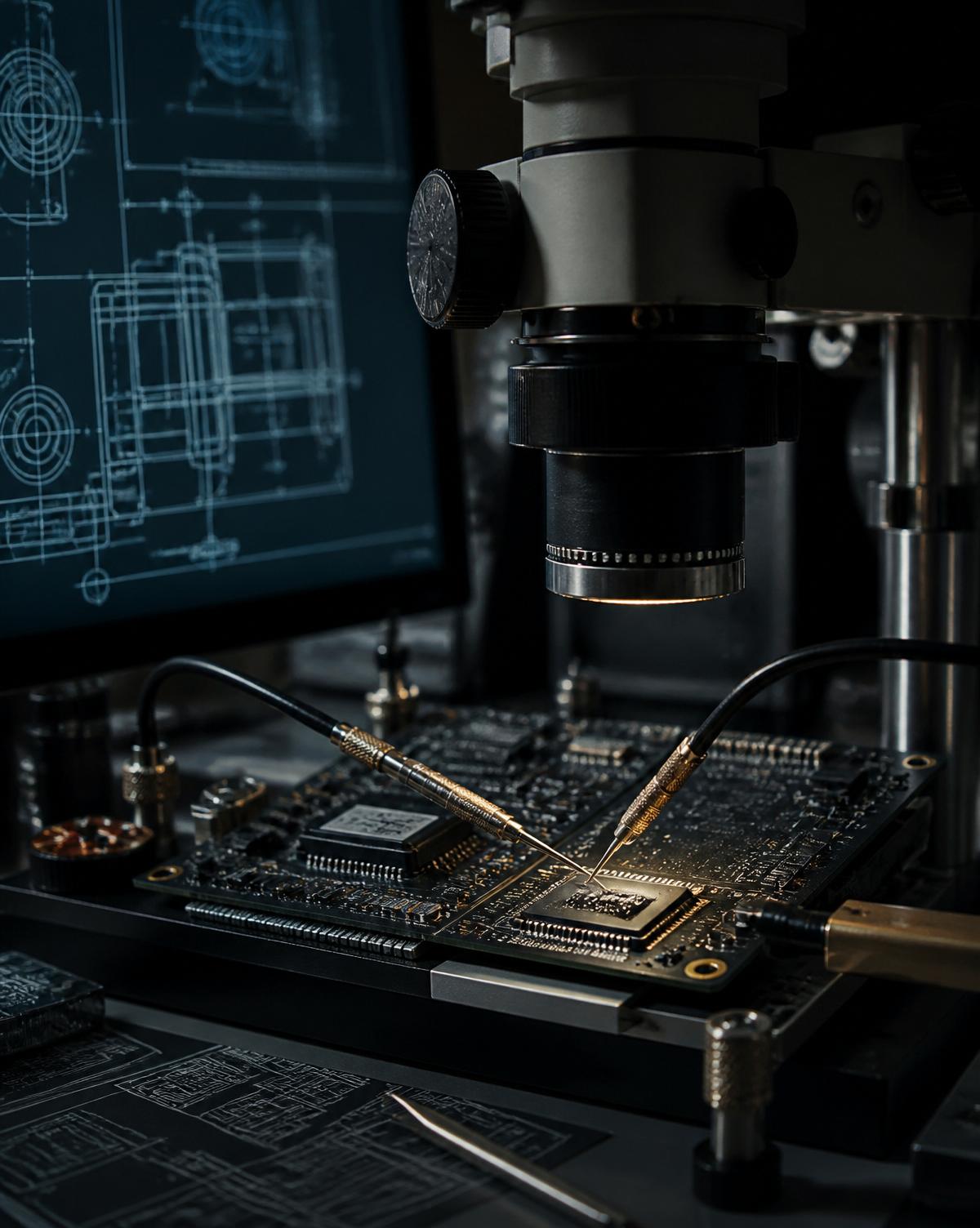 Embedded electronics under a metrology microscope with CAD schematics behind.