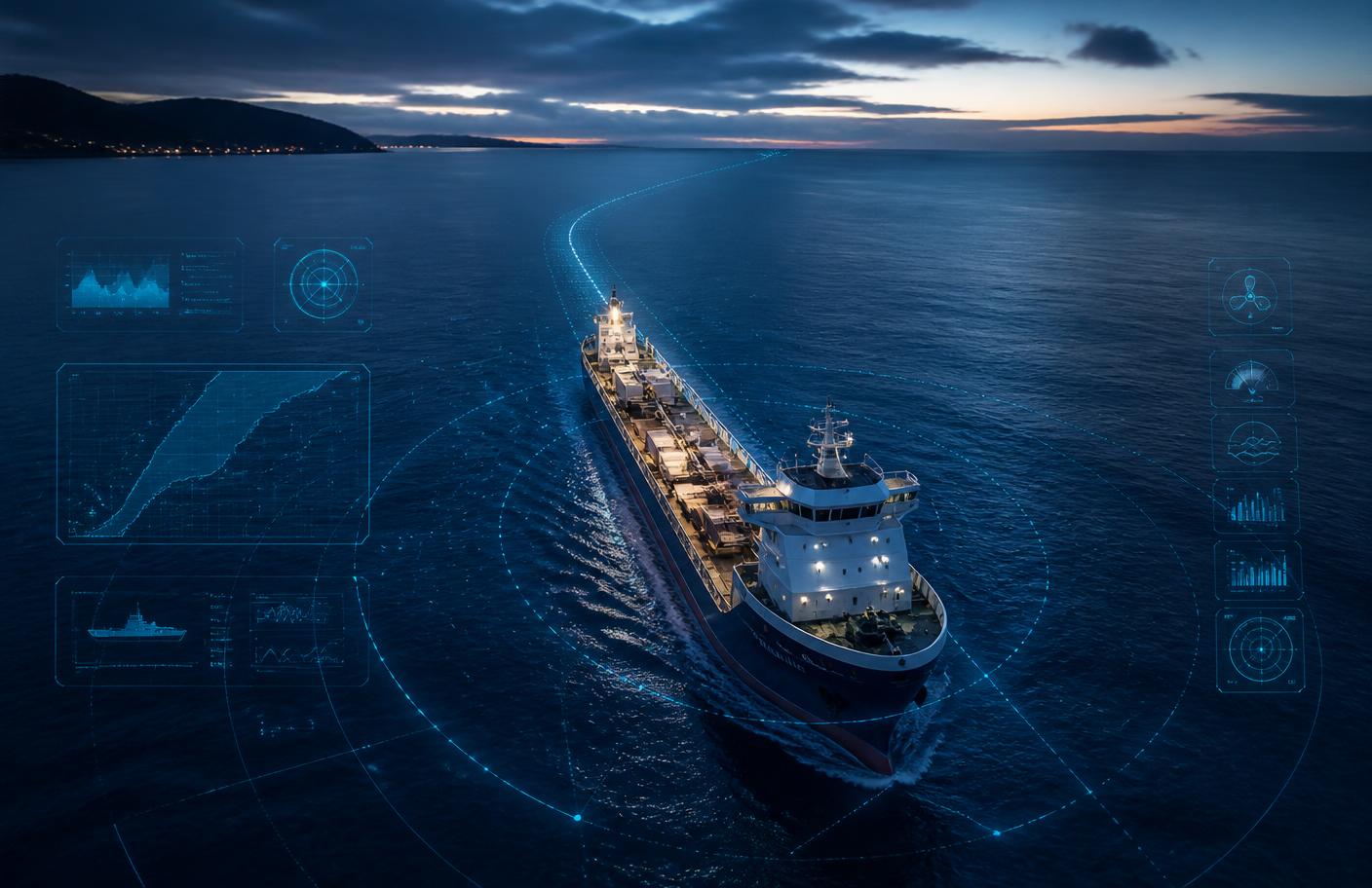 Commercial vessel operating at sea with fleet telemetry overlay.